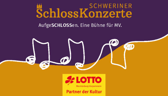 Logo der Schweriner Schlosskonzerte auf lila- und orangefarbenem Hintergrund
