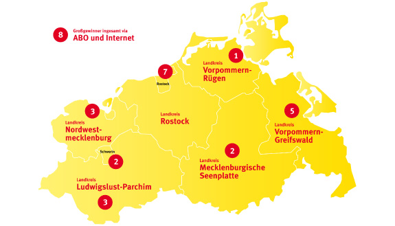 Die Verteilung der Großgewinne 2021 bei LOTTO Mecklenburg-Vorpommern auf die einzelnen Landkreise.