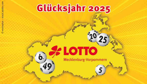 Gl&uuml;cksjahr 2025 - LOTTO Mecklenburg-Vorpommern Landkarte mit LOTTO 6aus49-Kugeln