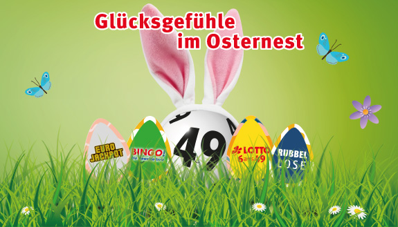 LOTTO-Kugel mit Hasenohren und vier Ostereier mit Eurojackpot, BINGO!, LOTTO 6aus49 und Rubbellos-Logo in grüner Blumenwiese mit Text - Glücksgefühle im Osternest