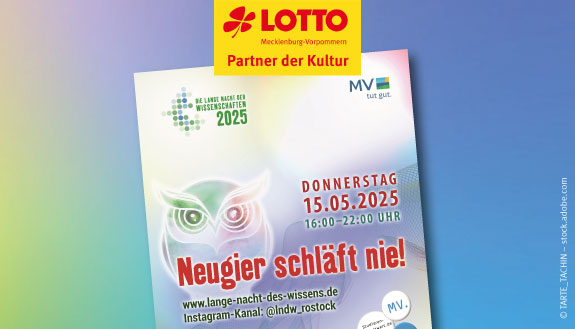 Kapagnenmotiv der Langen Nacht der Wissenschaften mit bunter Eule und Text – Neugier schläft nie – Donnerstag 15.05.2015 von 16 bis 22 Uhr, auf buntem Hintergrund