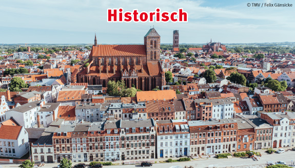 St.-Nikolai-Kirche in Wismar und Umgebung aus der Vogelperspektive sowie Text - Historisch