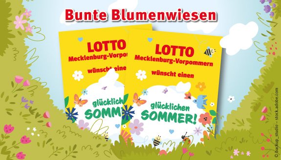 Zwei gelbe Blumensamentüten mit Sommerblüten und kleinen Insekten und Text LOTTO Mecklenburg-Vorpommern wünscht einen glücklichen Sommer, im Hintergrund Blumenwiese und Überschrift - Bunte Blumenwiesen