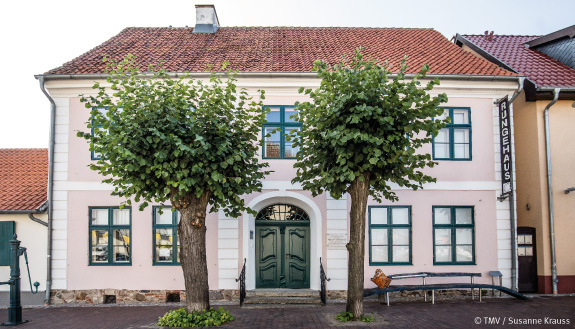Auf dem Bild ist ein Haus mit zwei Etagen abgebildet. Das Haus ist das Runge Museum in Wolgast. Vor dem Eingang des Hauses stehen zwei Bäume, die bis zum Dach reichen.