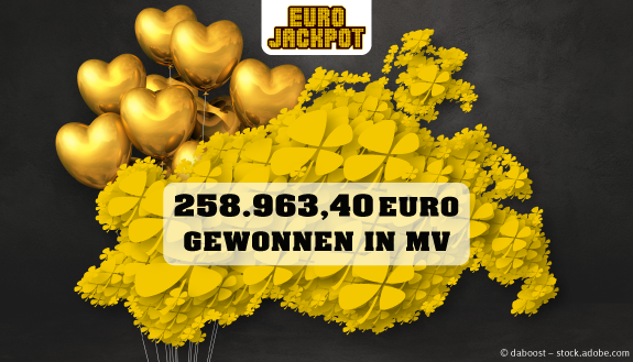 LOTTO MV Karte vor dunklem Hintergeund und goldfarbenen Luftballosn sowie Eurojackpot-Logo und Text