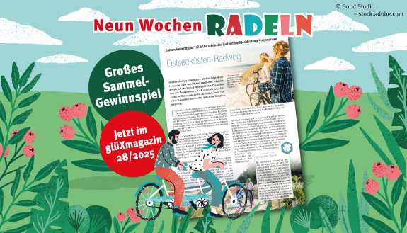 Grafik eines Paares auf Tandem im Grünen. Dazu Text - Neun Wochen Radeln - Großes Sammel-Gewinnspiel - Jetzt im glüXmagazin 28/2025 sowie die Seite 3 der Ausgabe.