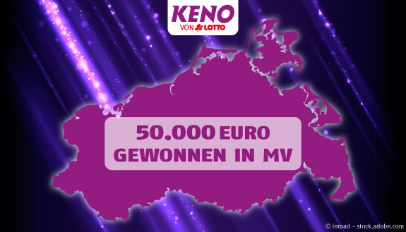 KENO Logo auf schwarz-lila Hintergrund mit lila Glitzerstrahlen sowie Text - 50.000 Euro gewonnen in MV