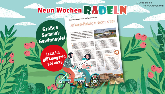Illustrierte Radfahrer und Landschaft sowie Gewinnspielseite im glüXmagazin