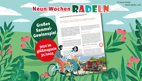 Illustrierte Radfahrer und Landschaft sowie Gewinnspielseite im glüXmagazin