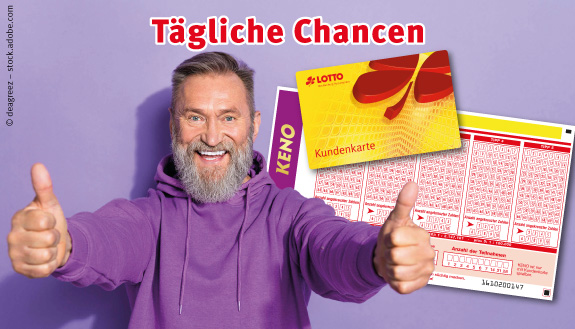 Tägliche Chancen - KENO Spielschein und LOTTO MV-Kundenkarte und graubärtiger Mann im lila Hoodie.