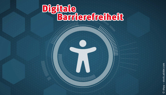 Symbol einer Person auf blauem Hintergrund sowie Text - Digitale Barrierefreiheit