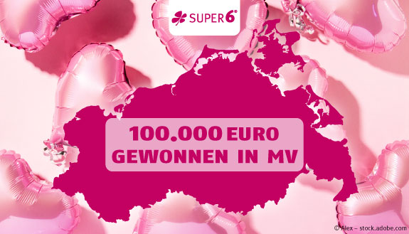 SUPER 6 Logo auf pinkem Hintergrund mit pinken Luftballons sowie Text - 100.000 Euro gewonnen in MV