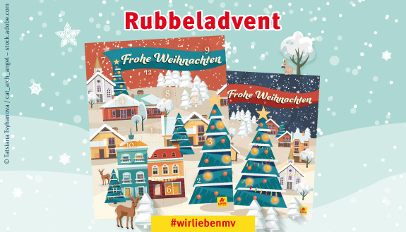 Rubbellos-Adventskalender vor illustrierter Winterlandschaft