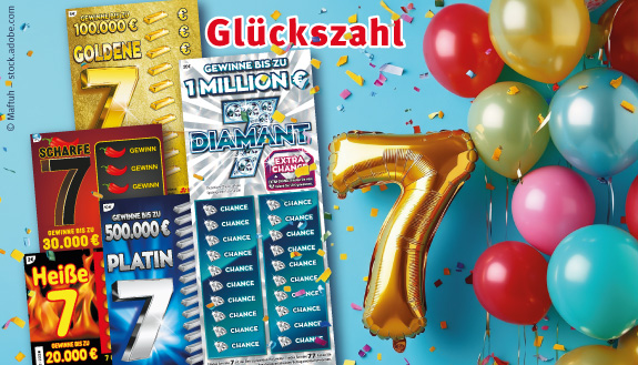 Rubbellose der 7er-Familie und bunte Luftballons