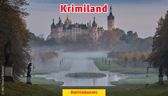 Blick auf das Schweriner Schloss und Schlossgarten im Nebel