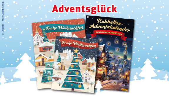 Adventsglück - sowie Adventslos und Adventskalender von LOTTO MV. Grafischer Hintergrund hellblau mit Winterlandschaft.