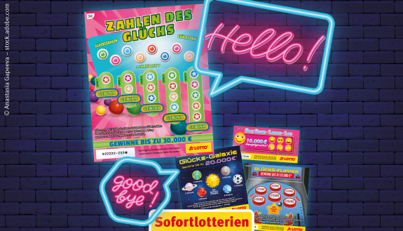 Verschiedene Rubbellose und bunte Neonschilder