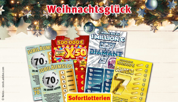 Weihnachtsglück- Verschiedene Rubbellose von LOTTO MV mit Tannengrün und Weihnachsdeko.