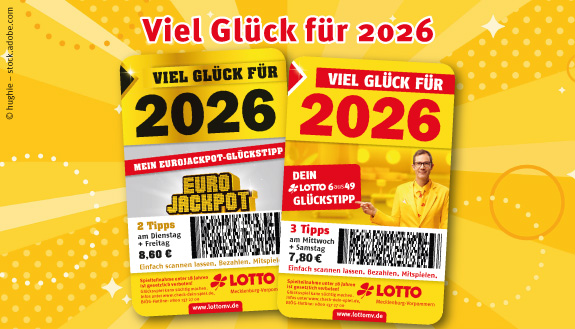Viel Glück für 2026 - Taschenkalender mit Quicktipps von LOTTO MV. Hintergrund gelb.