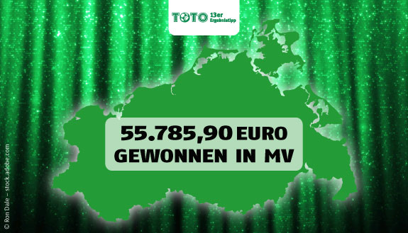 TOTO 13er Ergebnistipp: MV-Landkarte auf gr&uuml;nem Glitzerhintergrund und Text &ndash; 55.785,90 Euro gewonnen in MV