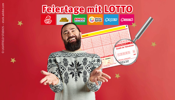 Lachender Mann mit Bart und &uuml;bergro&szlig;er LOTTO-Spielschein