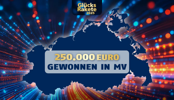 MV-Landkarte auf blauem Glitzerhintergrund und Text &ndash; 250.000 Euro gewonnen in MV