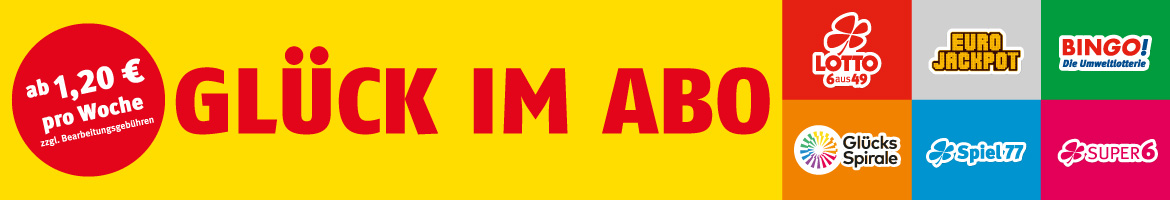 Lotterie-Logos und roter Schriftzug - Gl&uuml;ck im ABO - vor gelbem Hintergrund
