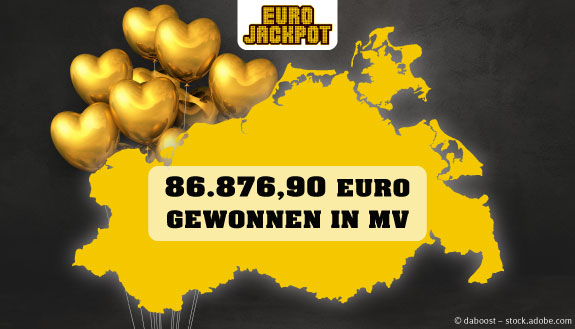 MV-Landkarte vor goldenen Luftballons und Text &ndash; 86.876,90 Euro gewonnen in MV