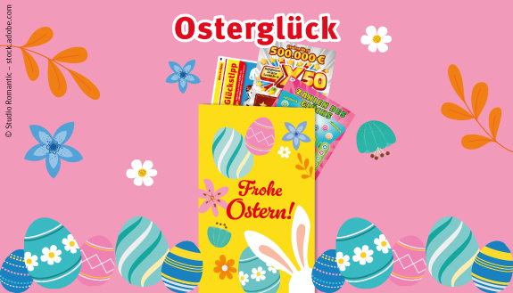 Osterkarte mit Rubbellosen umgeben von bunten Ostereiern und Blumen. Hintergrund rosa.