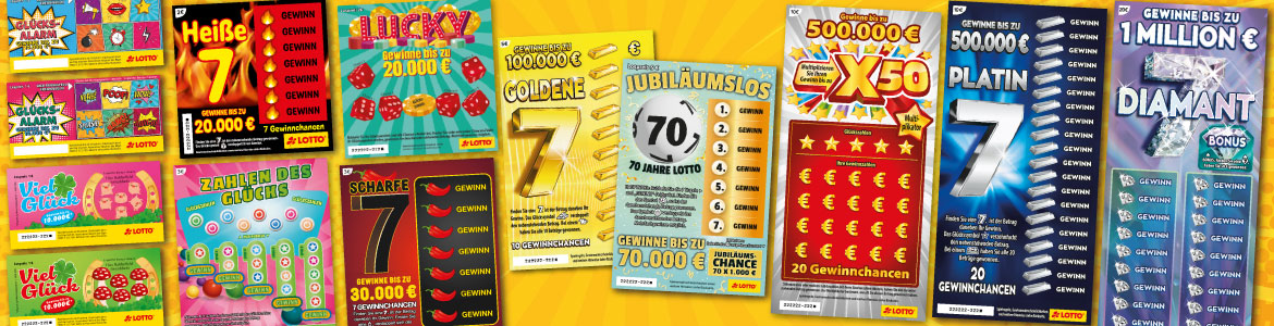 Buntes Rubbellos-Sortiment von LOTTO MV auf gelbem Hintergrund