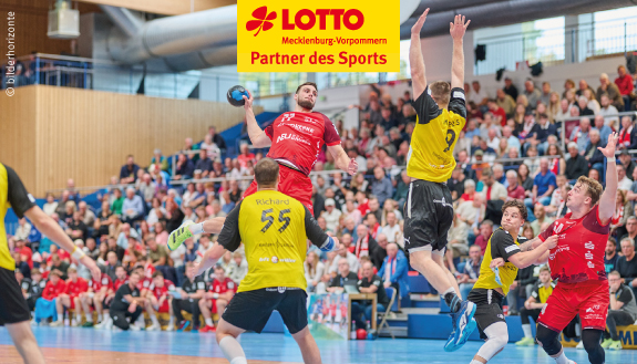 Handballer beim Spiel in gef&uuml;llter Vogelsanghalle.