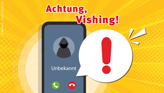 Handy mit unbekanntem Anrufer auf dem Display und Warnhinweis