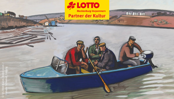 Das Gem&auml;lde "Im Motorboot auf der Wolga" von Wolfgang Mattheuer aus dem Jahr 1967