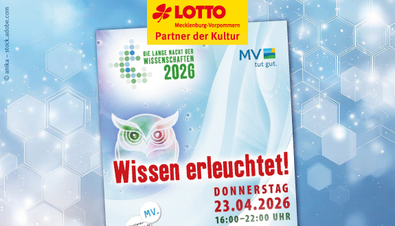 Plakat der Wissenschaftsnacht auf blauem Hintergrund mit Hexagons