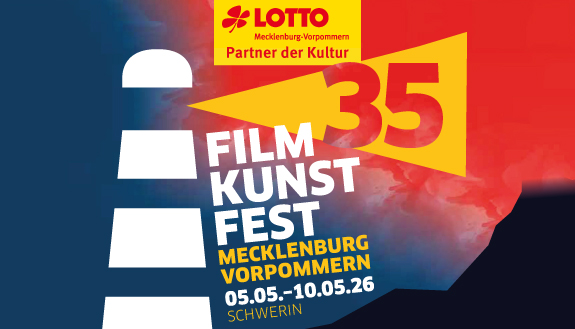 Kampagnenbild des Filmkunstfest MV: Wei&szlig;er Leuchtturm vor blau-rotem Hintergrund