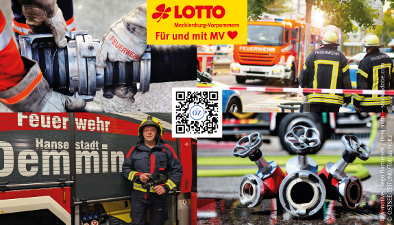 Collage mit Impressionen der Feuerwehrarbeit und QR-Code