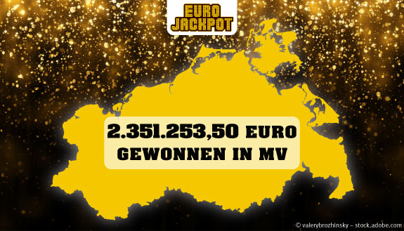 MV-Landkarte vor goldenem Glitzer und Text &ndash; 2.351.253,50 Euro gewonnen in MV
