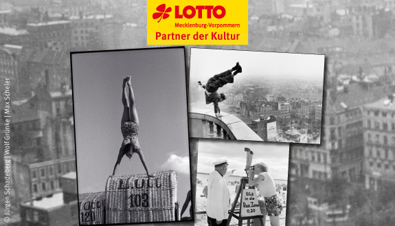 Drei schwarz-wei&szlig; Fotografien von Personen. Hintergrund graues Stadtbild.