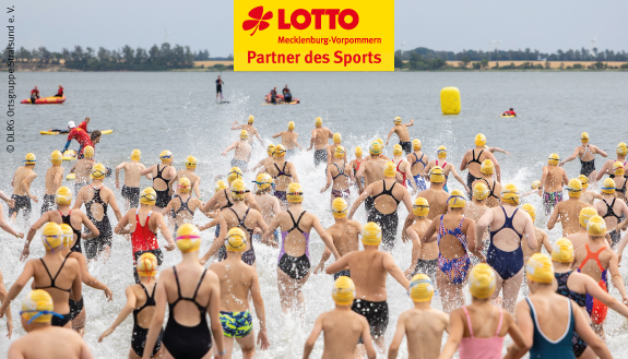 Zahlreiche Menschen mit Badekappen schwimmen im Strelasund.