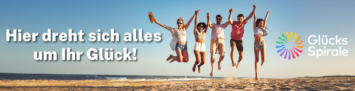 Freunde springen lachend am Strand und Gl&uuml;cksSpirale-Logo