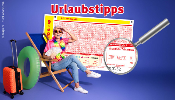 Frau mit Koffer und F&auml;cher sowie LOTTO 6aus49-Spielschein mit Lupe auf Abo