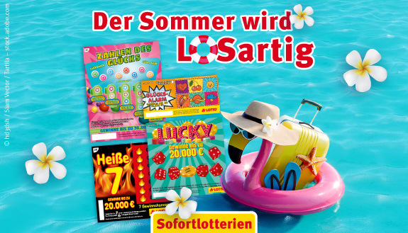 Bunte Rubbellose und Flamingo-Schwimmring vor t&uuml;rkisfarbenem Pool im Hintergrund