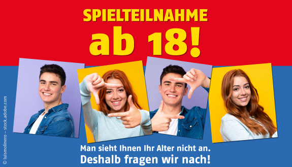 Portraits vier junger Erwachsener und Hinweis auf Teilnahme ab 18