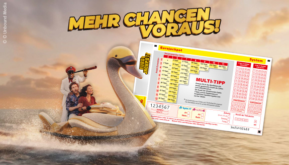 EuroJACK im schwanenf&ouml;rmigen Motorboot und Eurojackpot-Systemschein