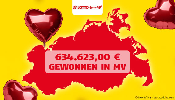 MV-Landkarte vor roten Luftballons und Text &ndash; 634.623,00 Euro gewonnen in MV