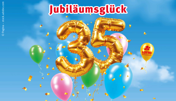 35 als goldene Luftballons umgeben von weiteren bunten Ballons