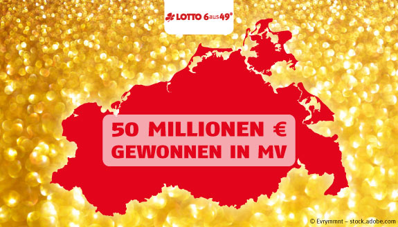 Rote MV-Landkarte auf gold-glitzerndem Hintergrund &ndash; 50 Millionen Euro bei LOTTO 6aus49 gewonnen