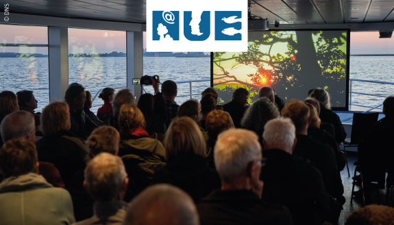 Menschen mit Blick auf Leinwand auf einem Kinoschiff