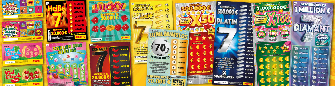 Buntes Rubbellos-Sortiment von LOTTO MV auf gelbem Hintergrund