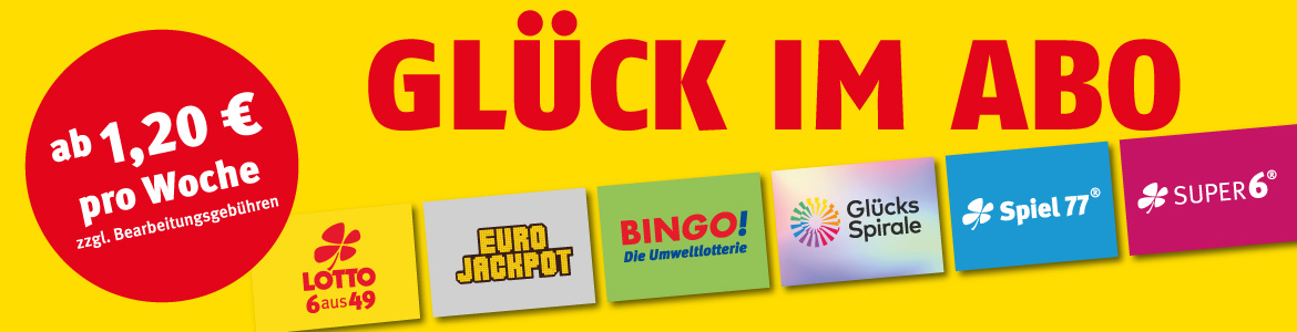 Lotterie-Logos und roter Schriftzug - Gl&uuml;ck im ABO - vor gelbem Hintergrund